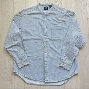 Vintage Y2K Gap band collar blue white hickory engineer stripe long sleeve shirt